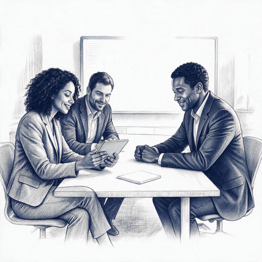 Ilustración a tinta: tres profesionales revisan juntos una tableta en una sala de reuniones.