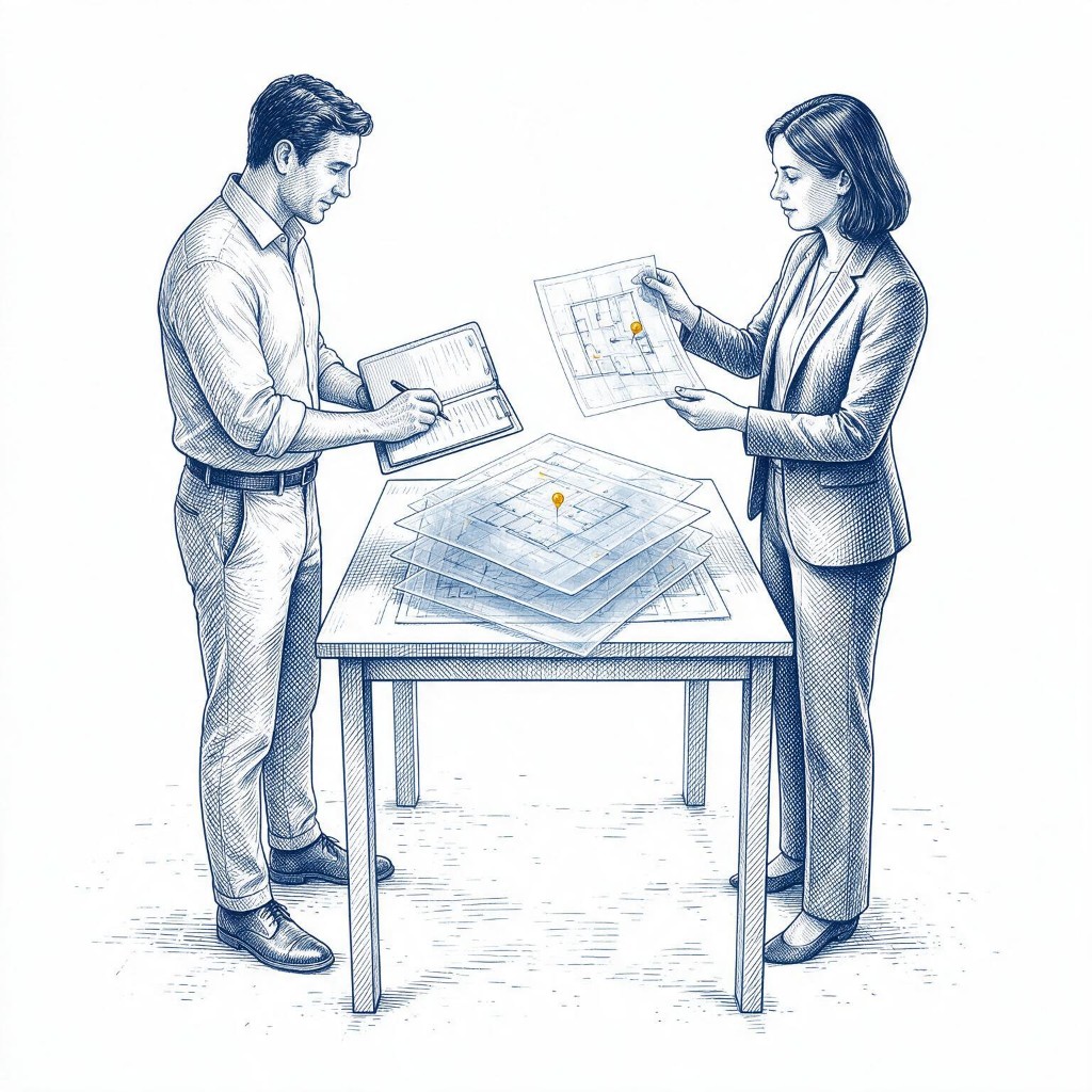 Ilustración a tinta: dos personas revisan juntas los mismos planos de la operación sobre una mesa.