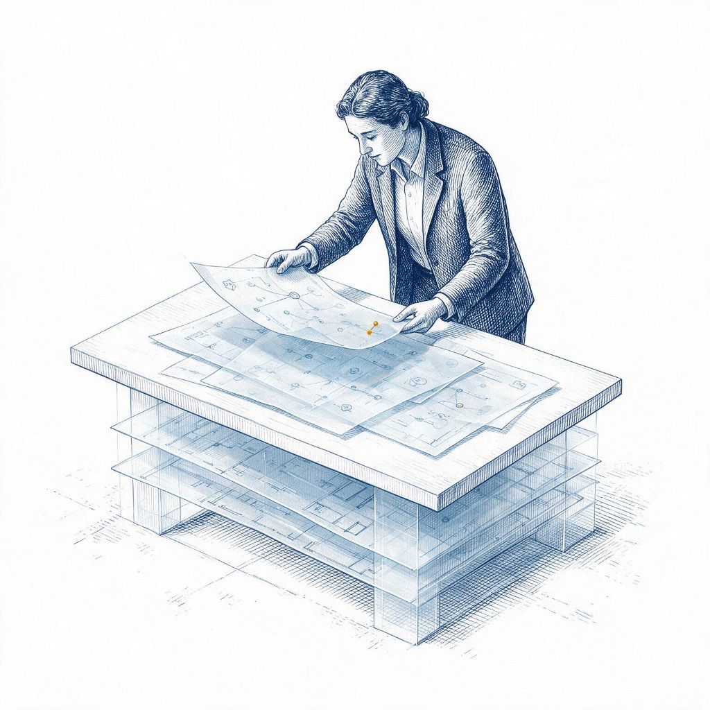 Ilustración a tinta: una persona revisa capas de planos apiladas sobre una mesa, con la capa activa marcada.